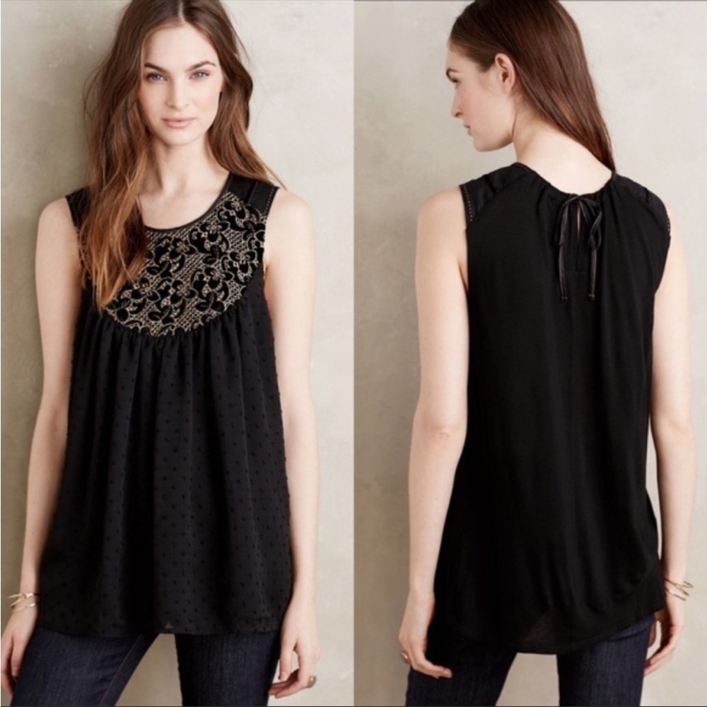Anthropologie One September MARI Top Black Velvet Swiss Dot